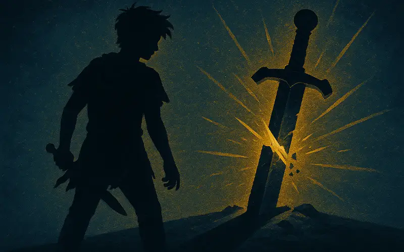 Shadow of a warrior with a broken sword symbolizing Luke’s betrayal